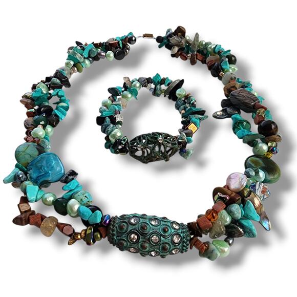 Handmade Artisan Genuine Turquoise Blue pearl Chrysacolla boho beach necklace - Picture 1 of 12